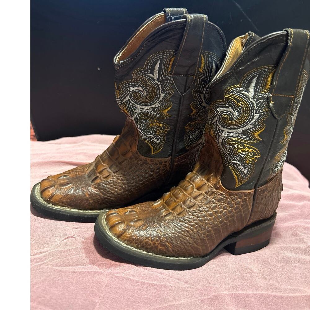 Kids Coyote Western Cowboy Gator Boots Brown Mexico, Sz 16 (USA 9)